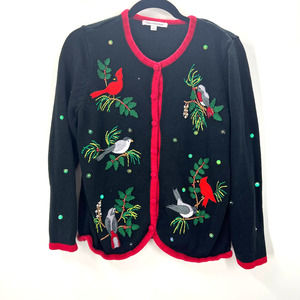 Vintage Embroidered Song Bird Cardigan Sweater Granny Knit Women Oversized Small